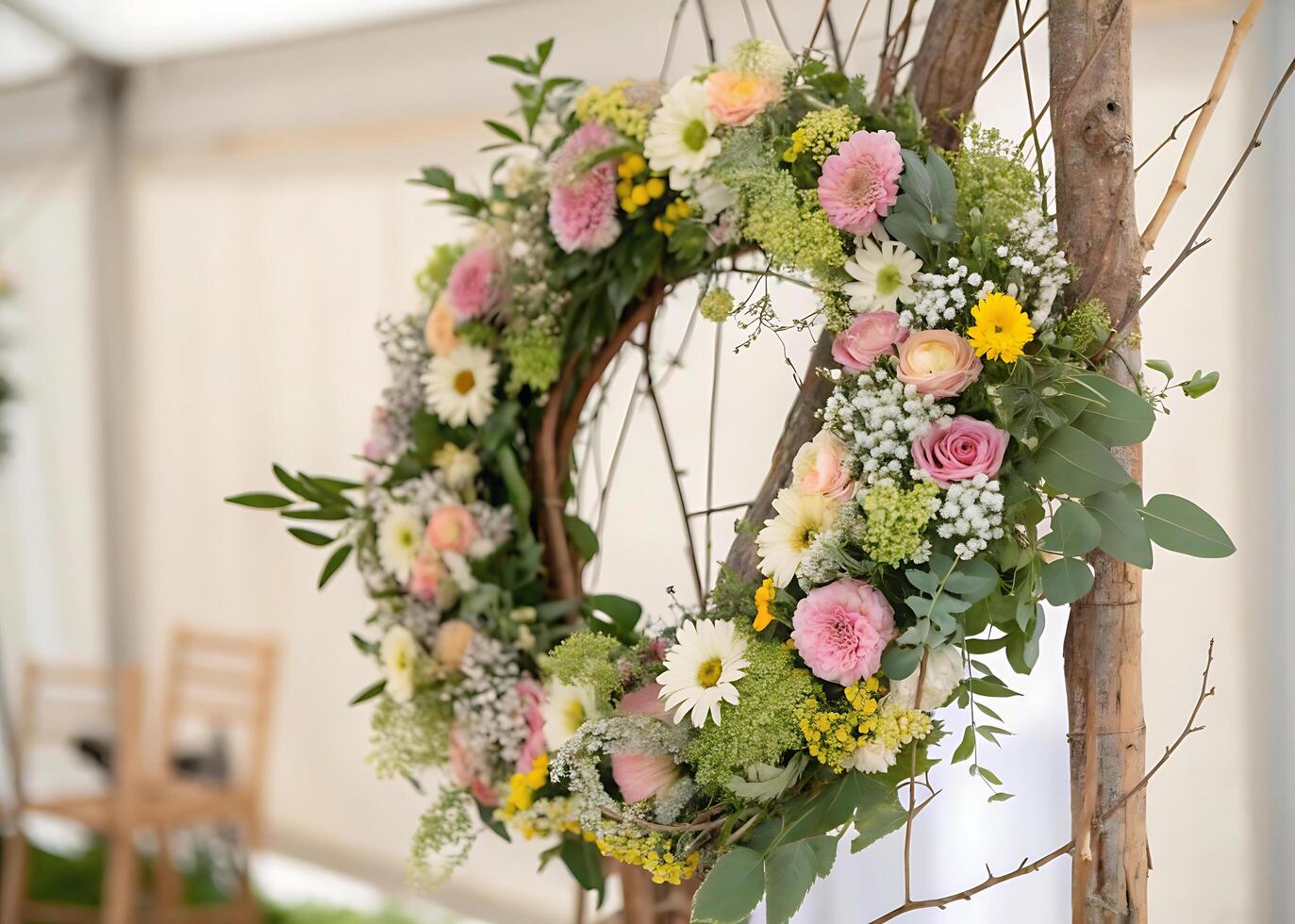 A delicate and elegant wreath of light flowers that conveys purity, romance and a wedding atmosphere photo