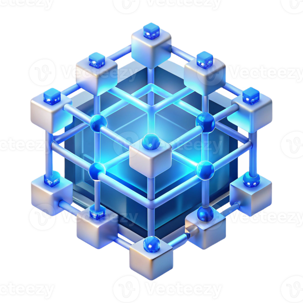impressive traditional A network of interconnected servers forming a complex, geometric structure, glowing with internal light, illuminated by soft blue light, isometric style high quality png