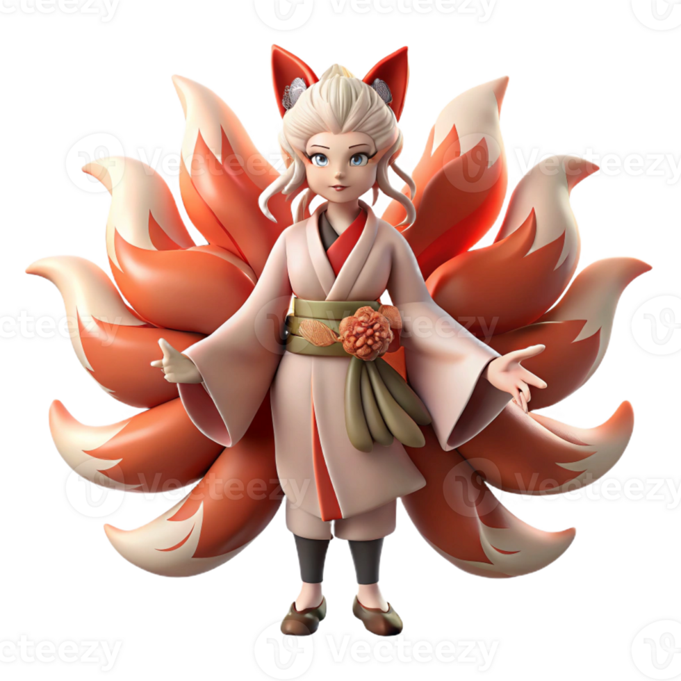 extraordinary contemporary A cunning Kitsune with nine tails, transforming into a beautiful woman, moonlit forest lighting, Japanese ukiyo-e style authentic png