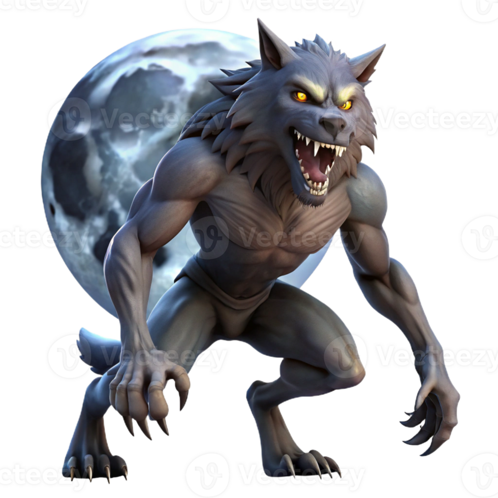 stunning modern A ferocious werewolf transforming under a full moon, dramatic silhouette lighting, horror style authentic png