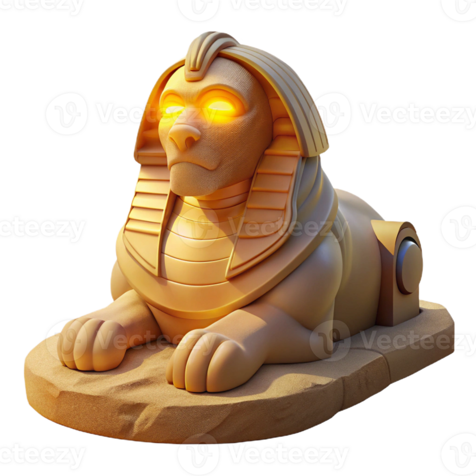 vibrant traditional A mysterious sphinx with the body of a lion and the head of a human, its eyes glowing with ancient wisdom, illuminated by the warm light of the desert sun professional png