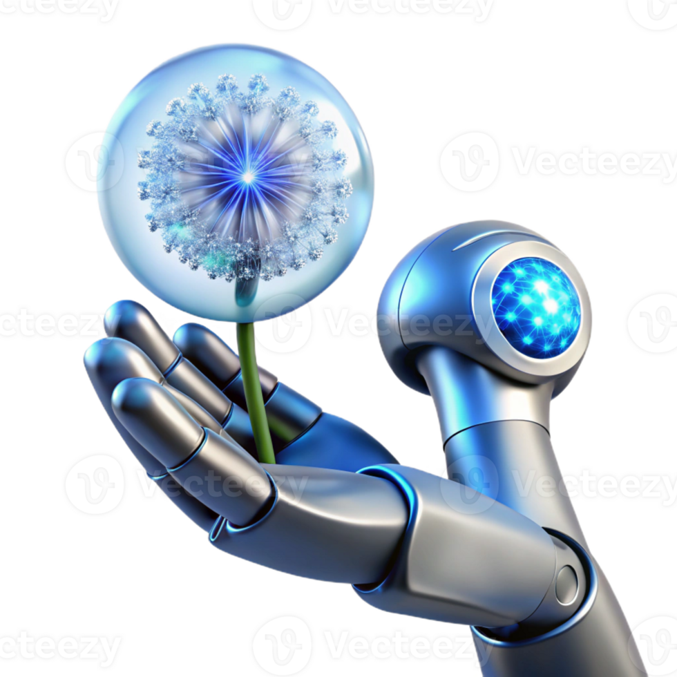 beautiful abstract A gleaming chrome robotic hand delicately holding a single dandelion seed, illuminated by a soft, ethereal blue light, in a highly detailed, photorealistic style exclusive png