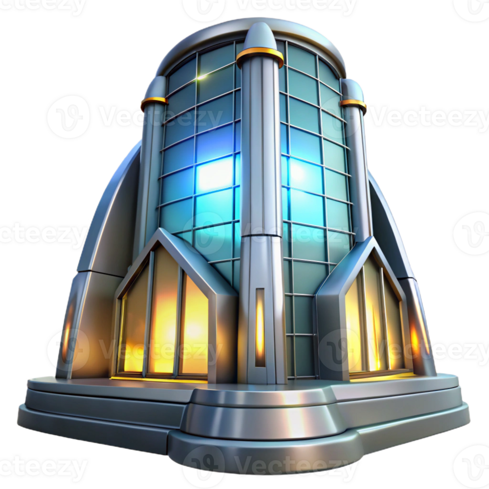 extraordinary creative A futuristic building, with a sleek, metallic exterior and glowing windows, rises into the sky, daylight lighting, architectural style genuine png