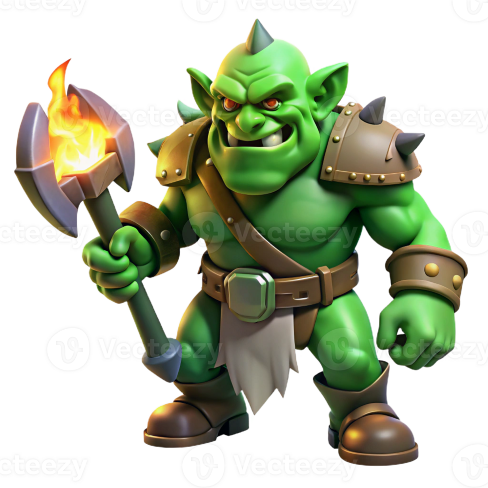 extraordinary rustic A fierce orc warrior with green skin and tusks protruding from its lower jaw, wielding a crude, but powerful axe, illuminated by the flickering light of a campfire premium png
