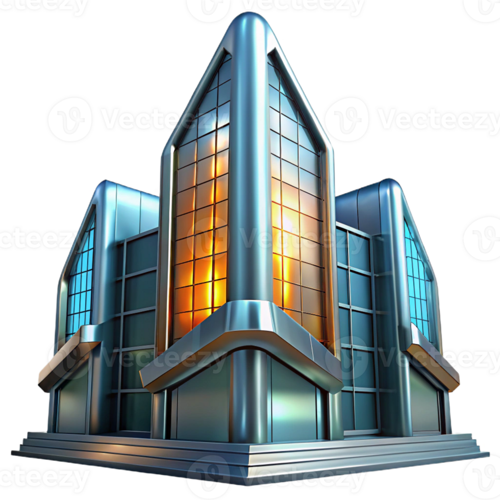 extraordinary classic A futuristic building, with a sleek, metallic exterior and glowing windows, rises into the sky, daylight lighting, architectural style authentic png