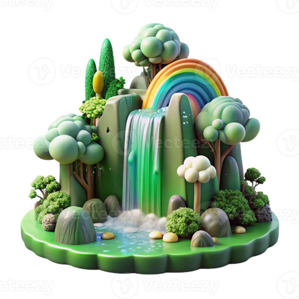 serene creative Green Forest Waterfall Mist Rainbow Cutout high resolution png