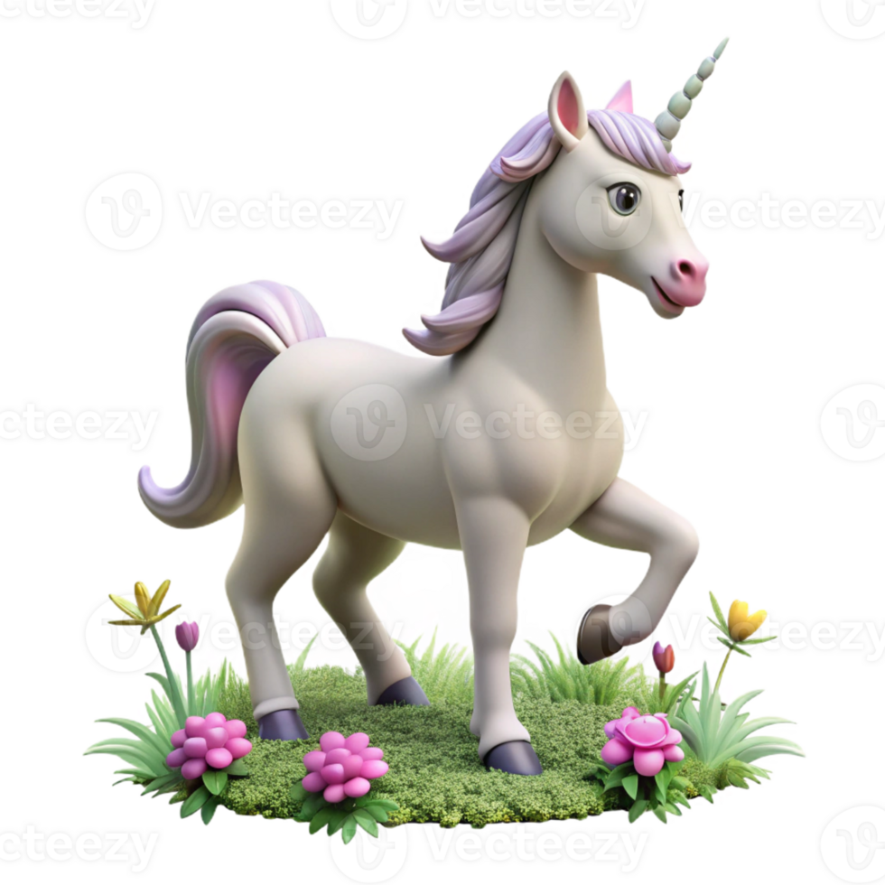 wonderful rustic A majestic unicorn with a silver horn, prancing in a field of wildflowers, soft pastel lighting, fairytale illustration style 4K png
