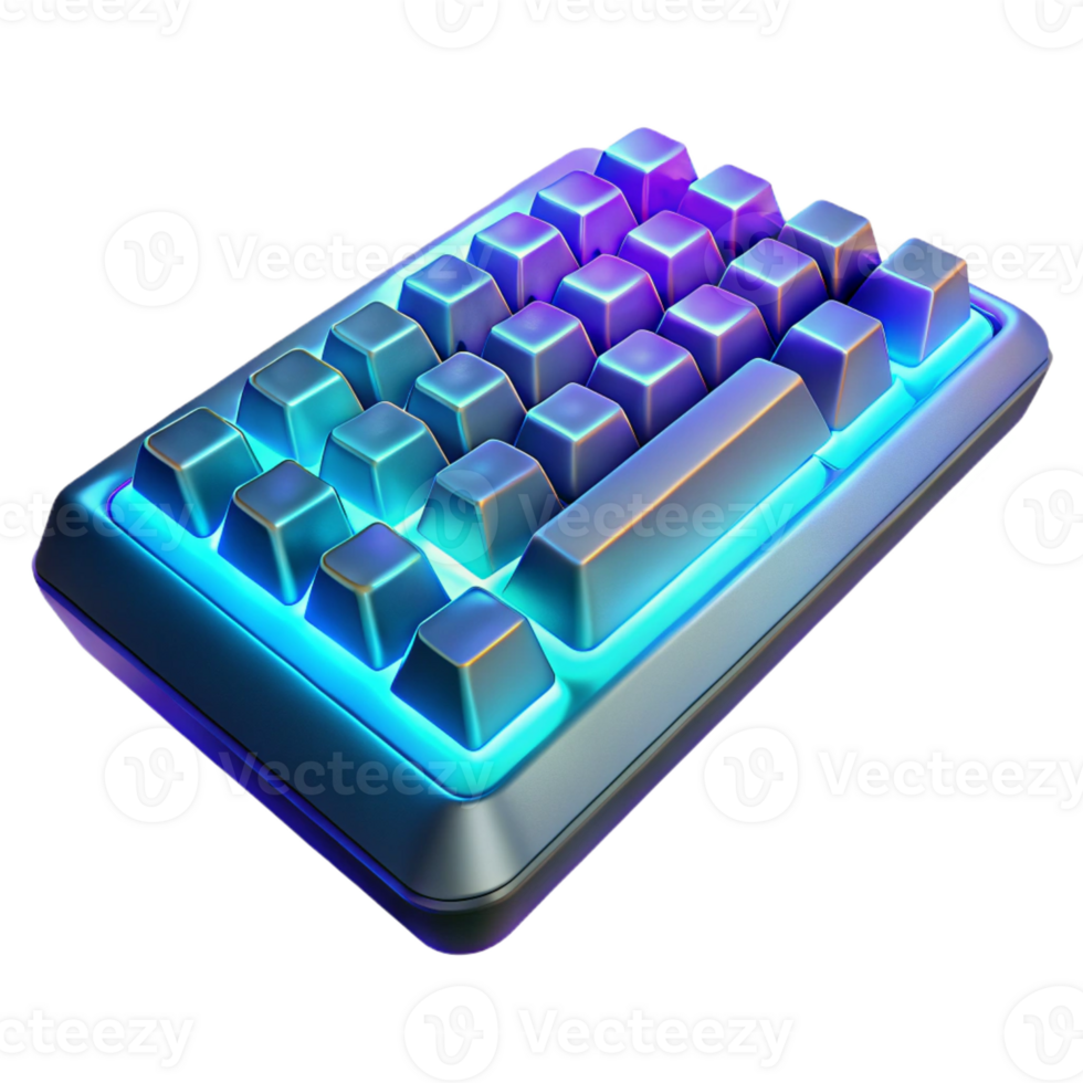 impressive artistic A futuristic keyboard with glowing keys and holographic projections, illuminated by soft blue light, gaming style high quality png