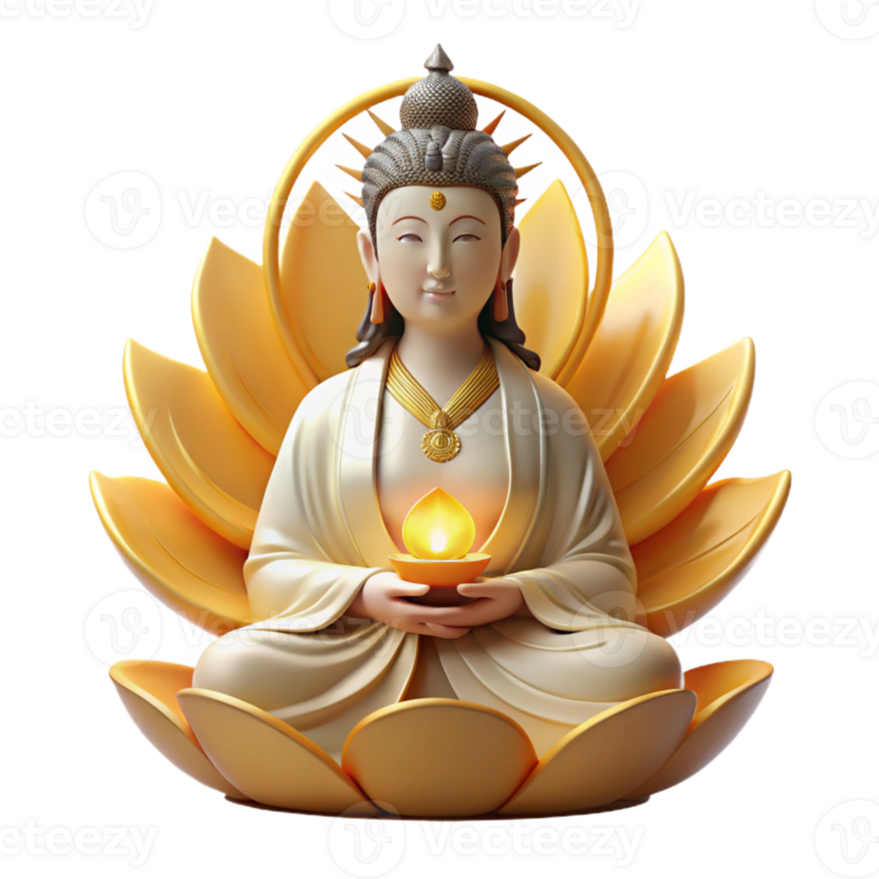 wonderful modern A serene Buddhist Guanyin, the bodhisattva of compassion, meditating on a lotus flower, surrounded by a halo of golden light, traditional Chinese painting style authentic png