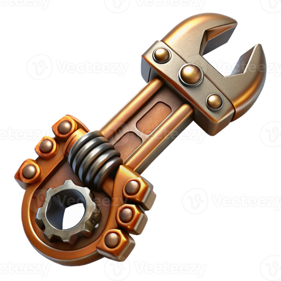 elegant rustic Steampunk wrench with adjustable jaws and intricate engravings high resolution png