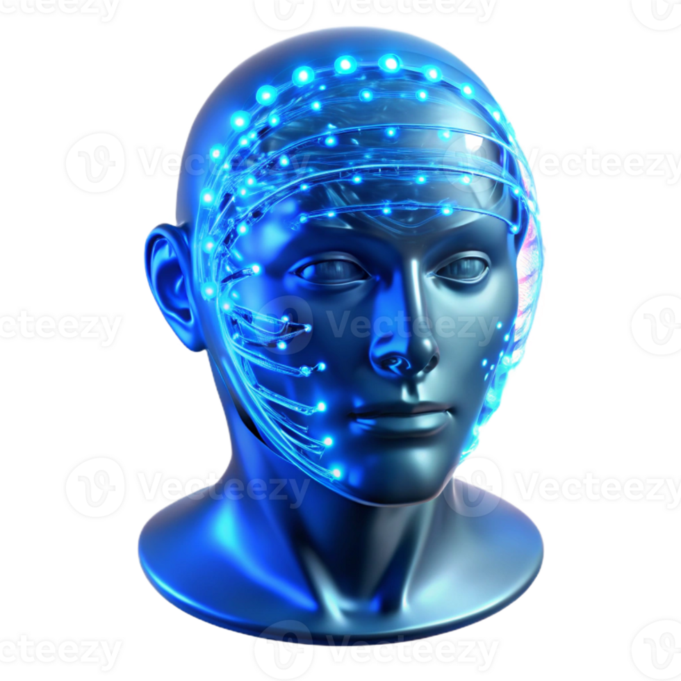 stunning contemporary A transparent human head filled with swirling binary code, illuminated from within by a cool, electric blue light, abstract art style professional png