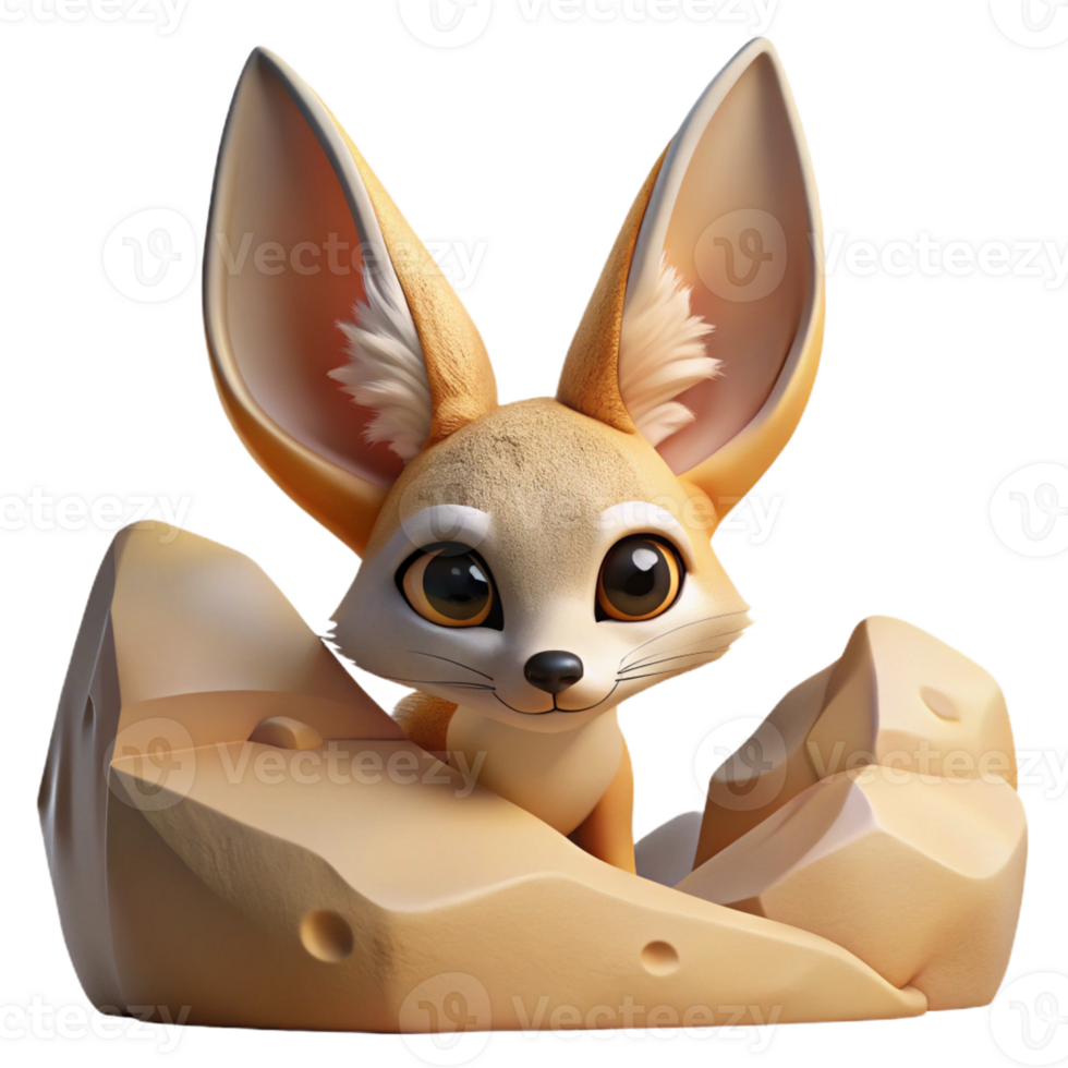 wonderful rustic A curious Fennec fox peering out from behind a desert rock, bathed in the warm glow of midday sun, drawn in a whimsical, storybook style high quality png