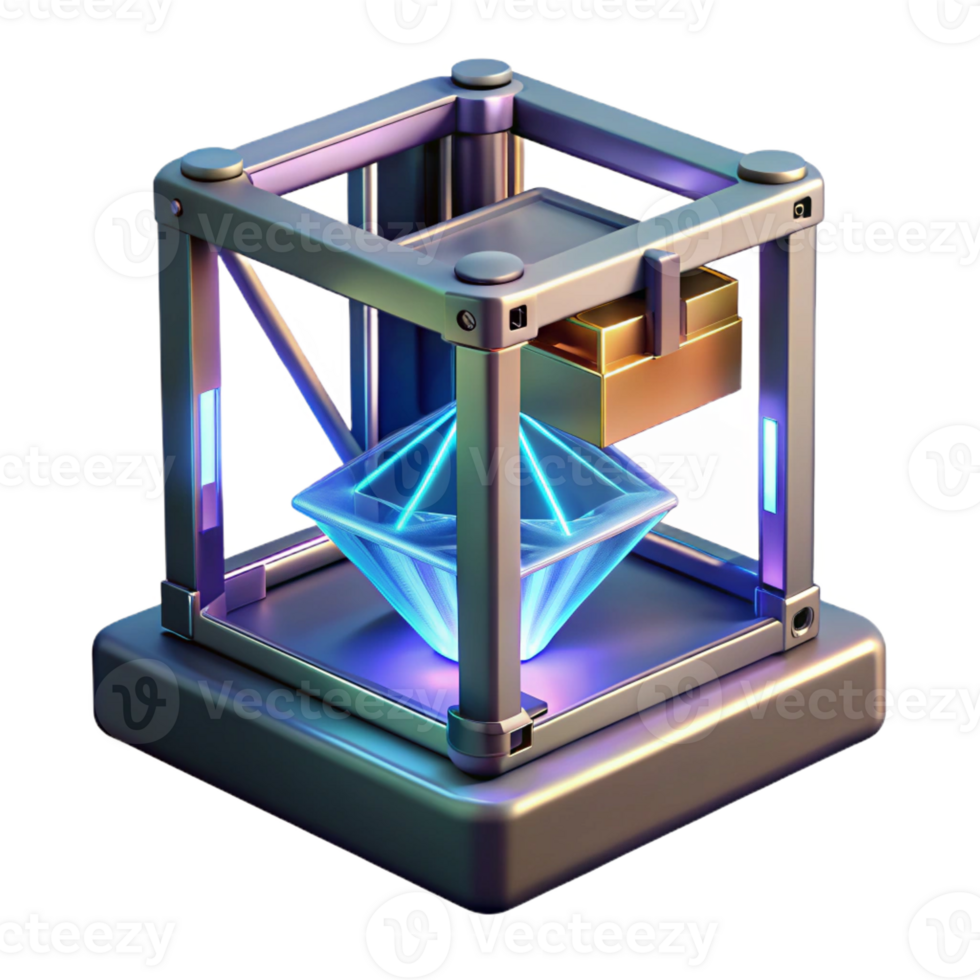 extraordinary modern A 3D printer creating a complex, geometric object, illuminated by laser light, industrial design style authentic png