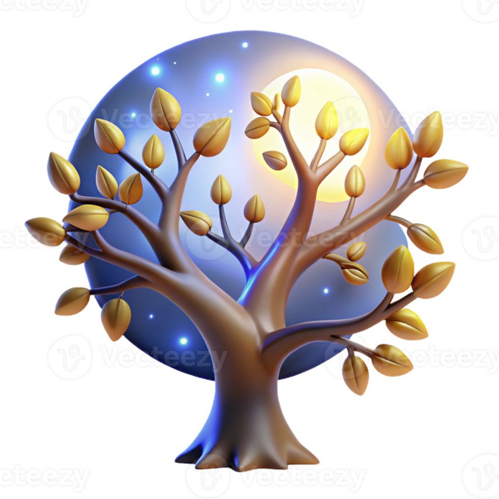 wonderful contemporary A mystical tree of life with glowing leaves and branches that reach towards the heavens, illuminated by the soft light of the moon original png