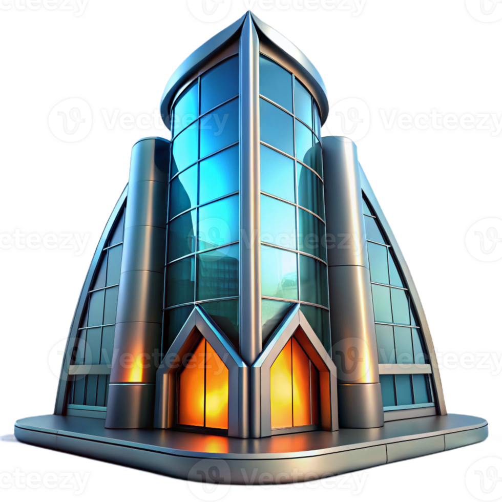 impressive traditional A futuristic building, with a sleek, metallic exterior and glowing windows, rises into the sky, daylight lighting, architectural style exclusive png