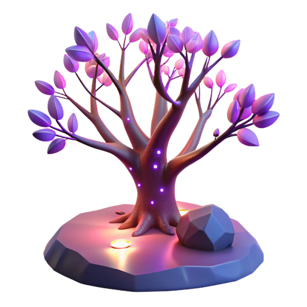 wonderful abstract A lone tree, with glowing leaves and branches, stands on a desolate alien planet, twilight lighting, surreal style high quality png