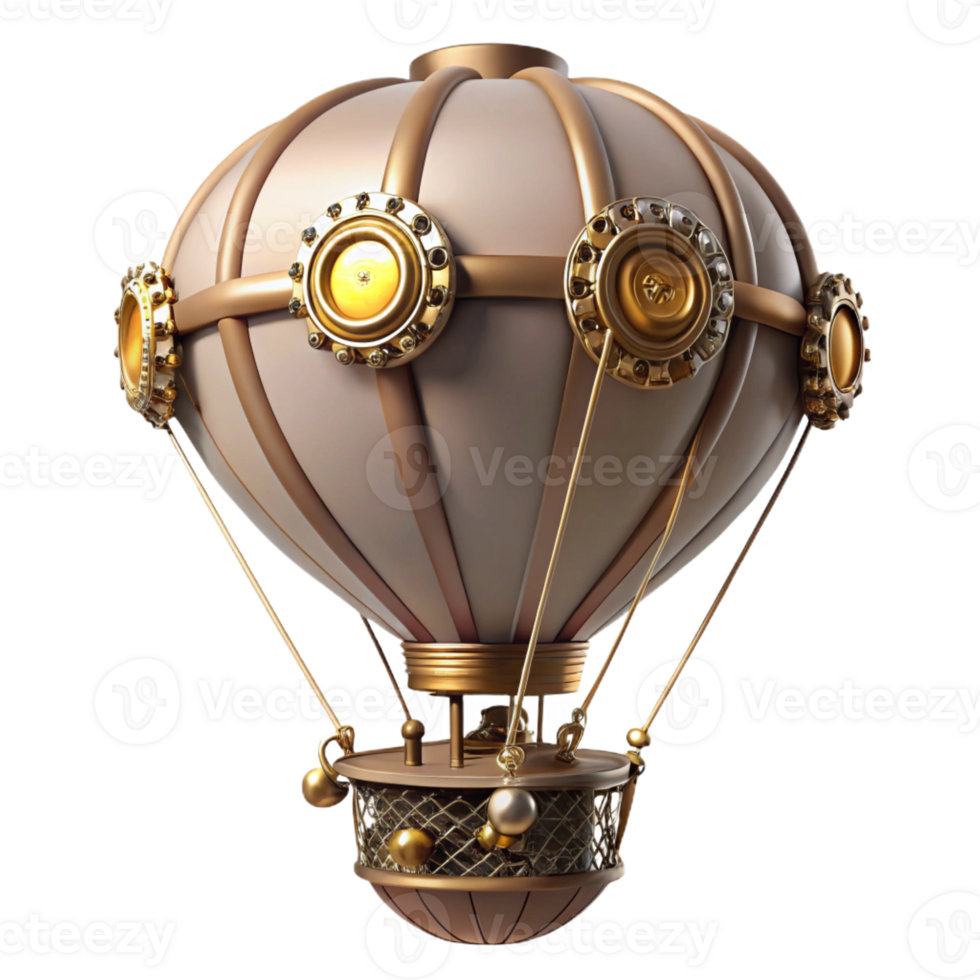 wonderful contemporary A steampunk hot air balloon, adorned with intricate gears, brass pipes, and a billowing silk canopy, lit by a bright, midday sun in a realistic style genuine png
