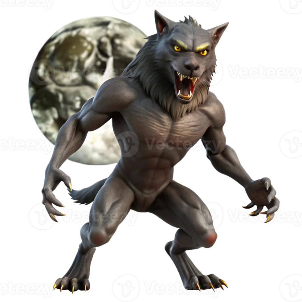 stunning traditional A ferocious werewolf transforming under a full moon, dramatic silhouette lighting, horror style professional png