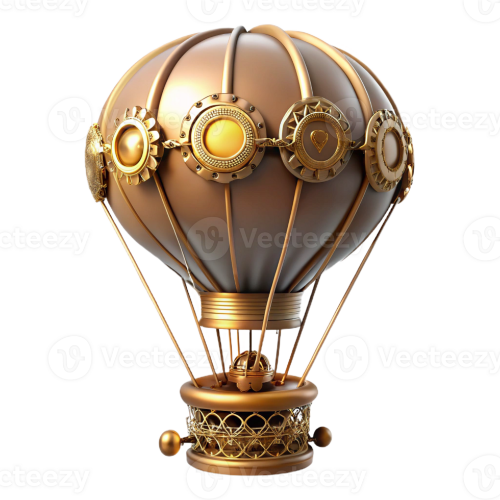 dramatic vintage A steampunk hot air balloon, adorned with intricate gears, brass pipes, and a billowing silk canopy, lit by a bright, midday sun in a realistic style professional png