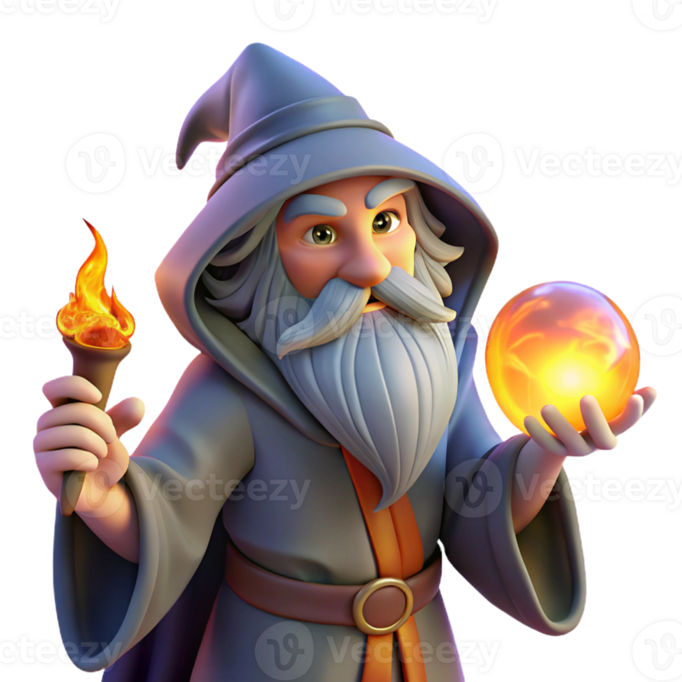 wonderful creative A wise old wizard with a long, flowing beard of woven starlight, holding a mystical orb pulsing with arcane energy, bathed in the warm glow of a magical fire high quality png