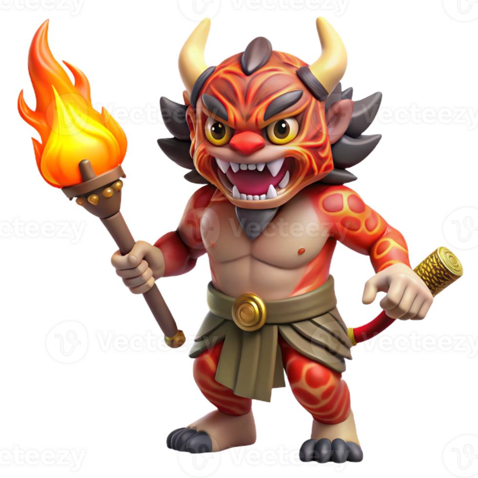 impressive modern A mischievous Oni wearing a tiger skin loincloth, wielding a giant kanabo club, dramatic firelight, Japanese folklore style 4K png