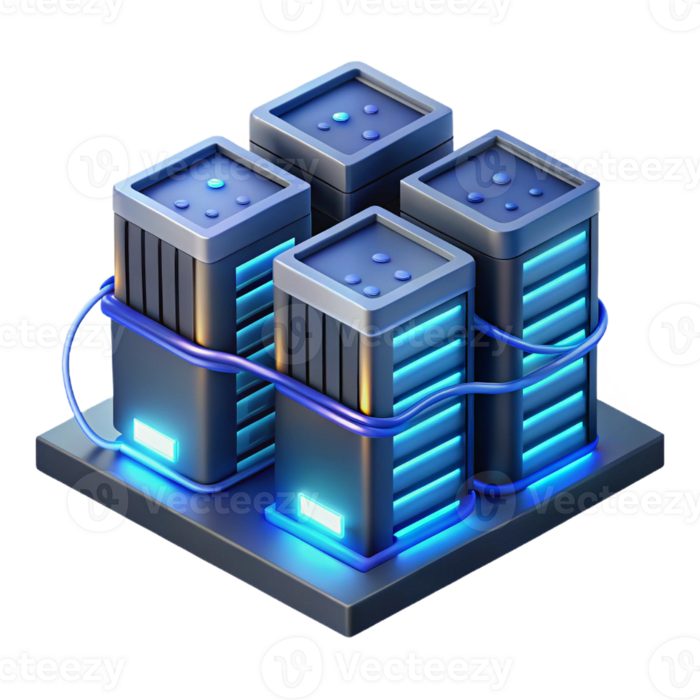 wonderful classic A futuristic data center with rows of servers and glowing cables, illuminated by cool blue light, isometric style 4K png