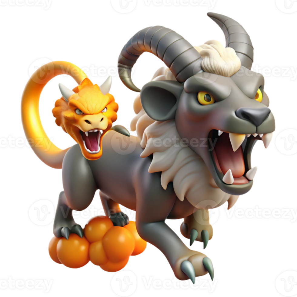 magnificent minimalist A menacing chimera with the head of a lion, the body of a goat, and the tail of a serpent, breathing a cloud of noxious fumes, illuminated by the flickering light of torches 4K png