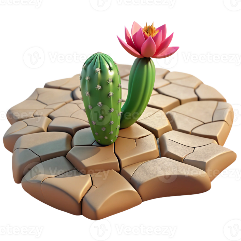 dramatic classic A cracked desert floor with a single blooming cactus flower, harsh sunlight, photorealistic style original png