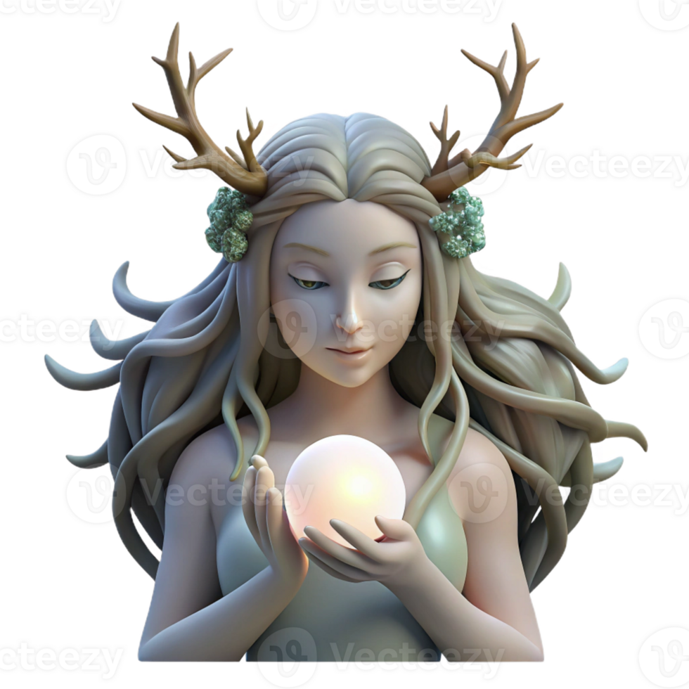 wonderful contemporary A serene dryad with flowing willow branches for hair, cradling a glowing orb of moonlight, soft diffuse lighting, art nouveau style 4K png