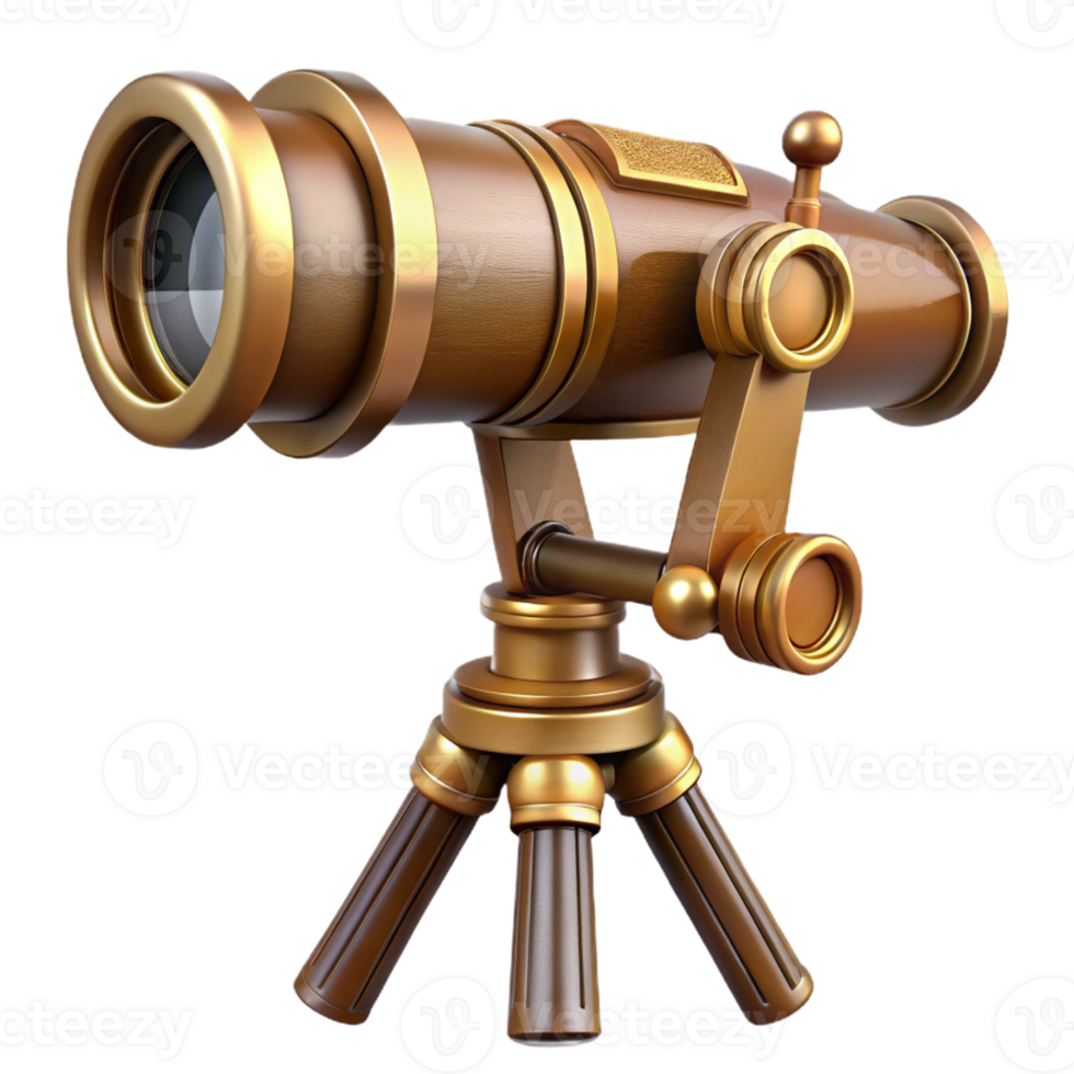 stunning traditional Steampunk telescope with brass lenses and a wooden tripod mount exclusive png