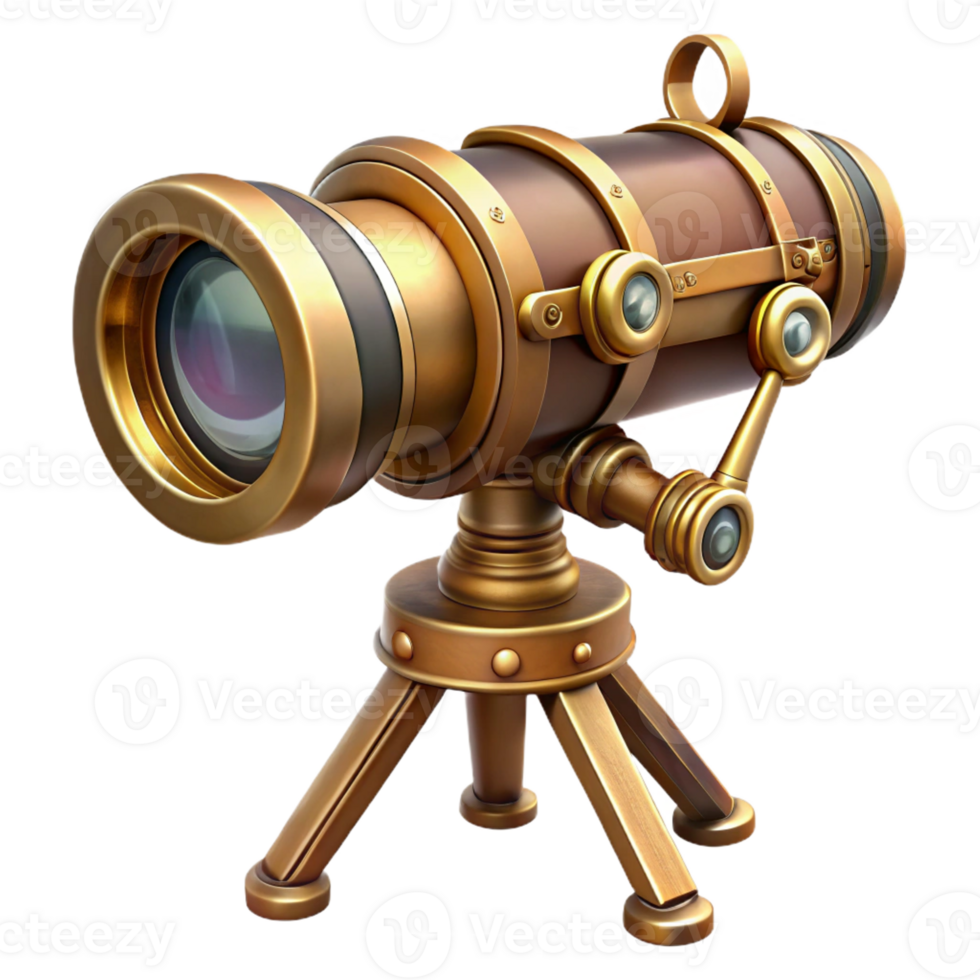 serene artistic Steampunk telescope with a brass tripod and adjustable lens authentic png