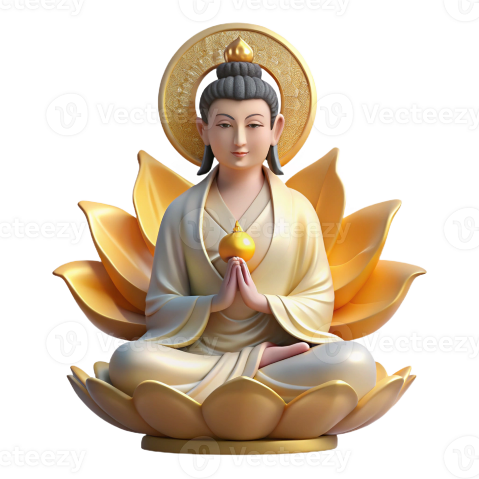 vibrant minimalist A serene Buddhist Guanyin, the bodhisattva of compassion, meditating on a lotus flower, surrounded by a halo of golden light, traditional Chinese painting style exclusive png