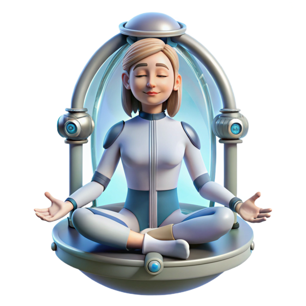 extraordinary vintage A young woman with cybernetic implants meditates in a zero-gravity chamber, soft lighting, ethereal style 4K png