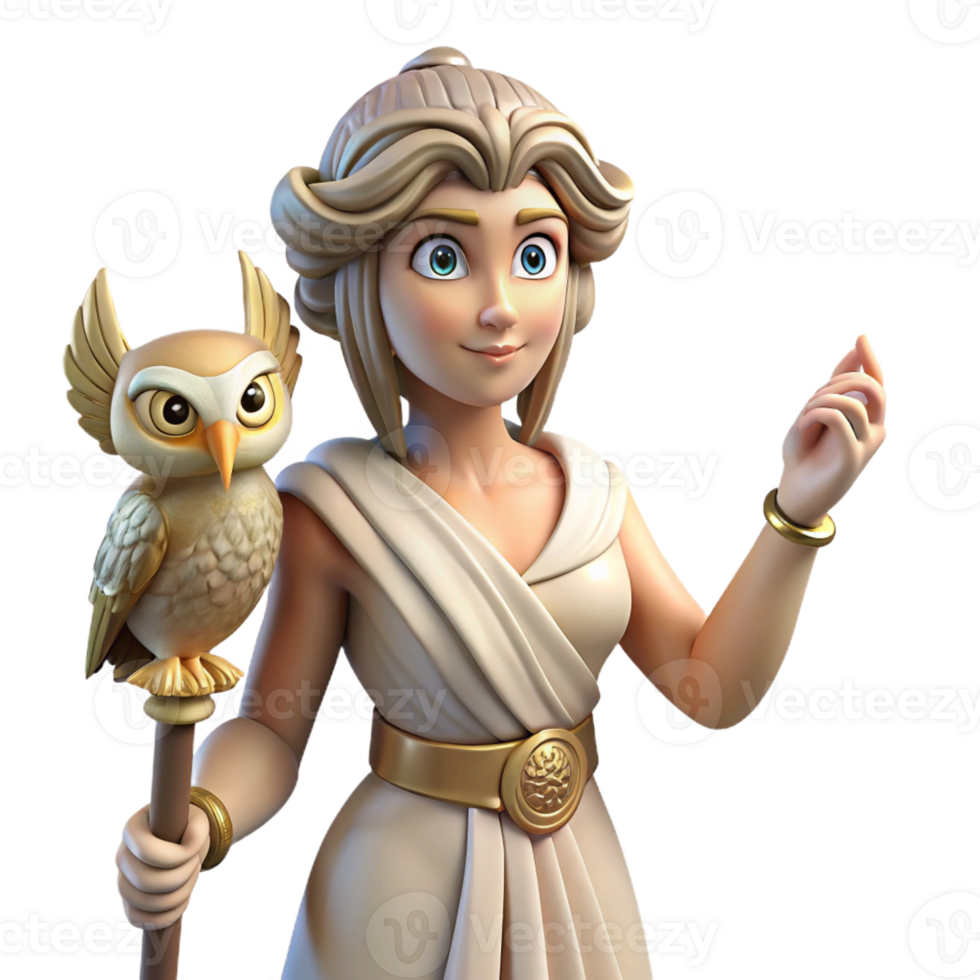 serene traditional Athena, Goddess of Wisdom, holding owl, authentic png
