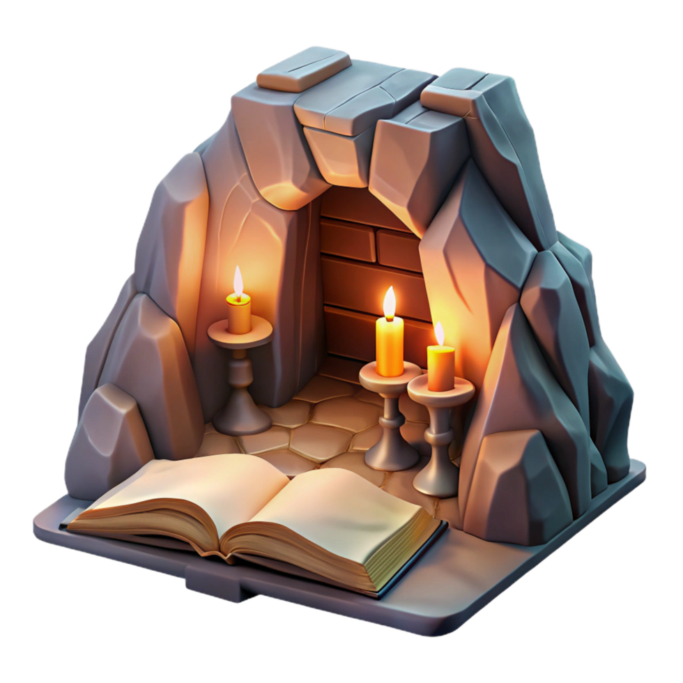 wonderful artistic Subterranean library, carved into rock, warm candlelight, ancient and mysterious, fantasy illustration style, high resolution png