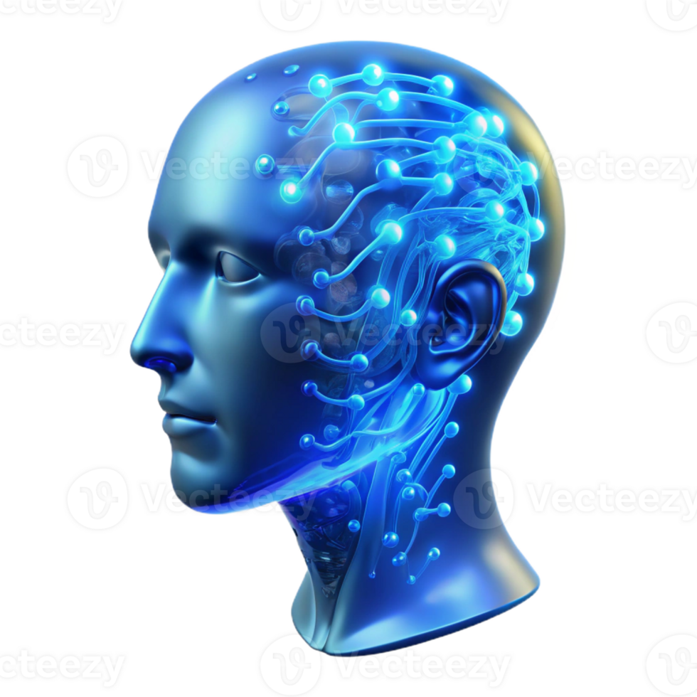 dramatic artistic A transparent human head filled with swirling binary code, illuminated from within by a cool, electric blue light, abstract art style detailed png