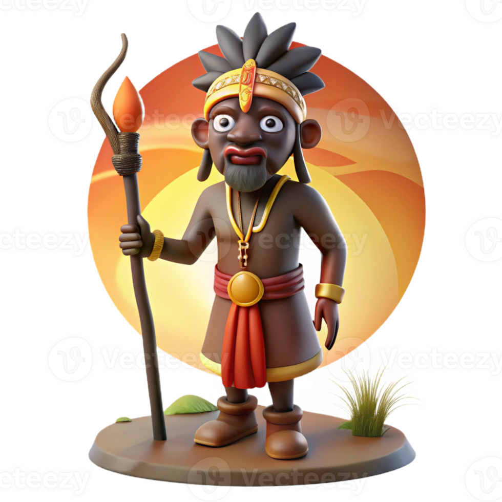 serene vintage A cunning Yoruba trickster god Eshu, with a long pipe and a mischievous grin, standing at a crossroads bathed in the warm glow of sunset, African tribal art style high resolution png