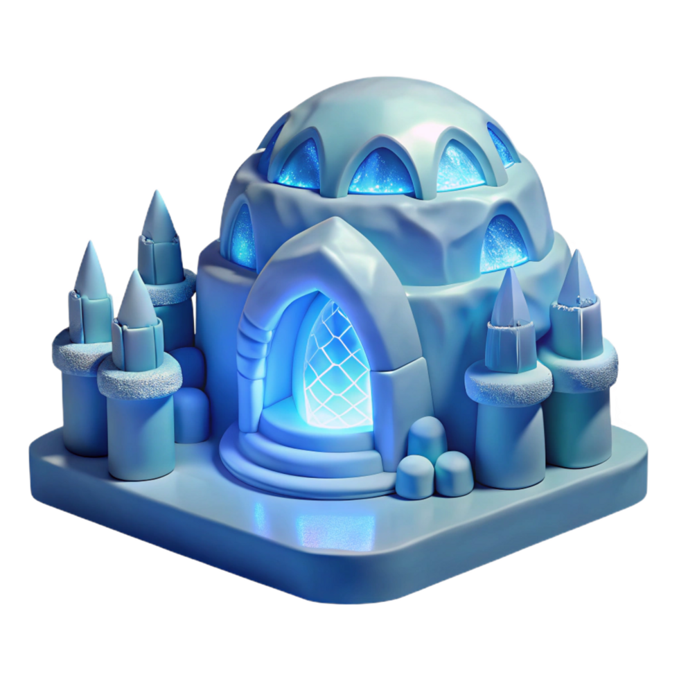 magnificent modern Ice hotel, carved from a glacier, soft blue light, intricate ice sculptures, magical and ephemeral, winter wonderland style, exclusive png