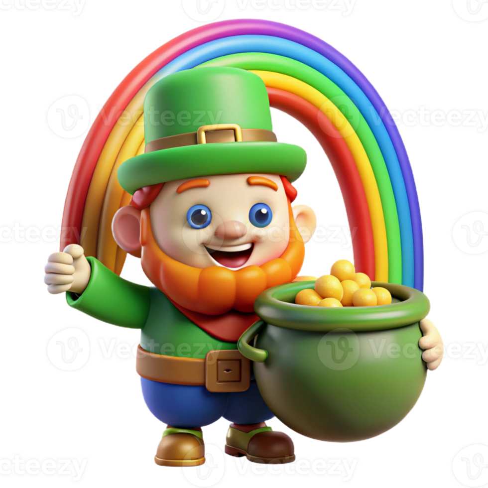 dramatic artistic A mischievous Leprechaun hiding a pot of gold at the end of a rainbow, bright and cheerful lighting, cartoon style 4K png