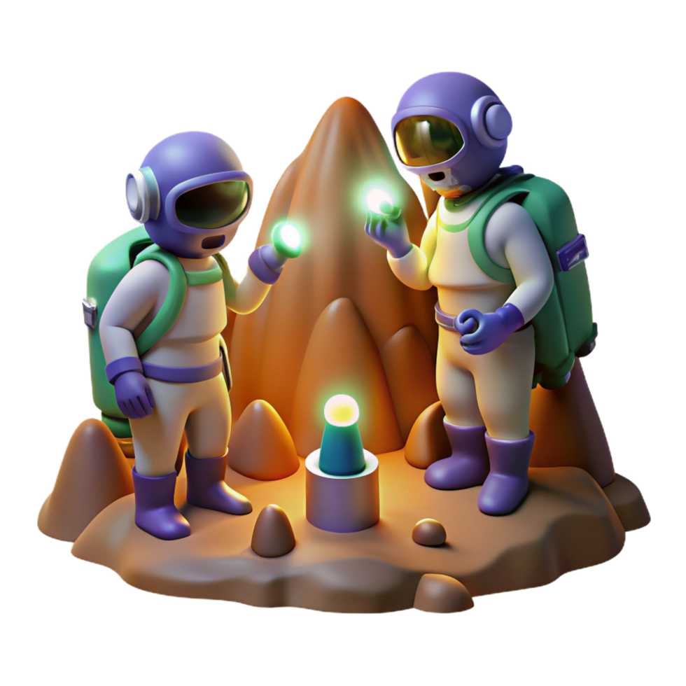 beautiful abstract A group of astronauts explore a cave on an alien planet, using glowing flashlights, ambient lighting, realistic style premium png
