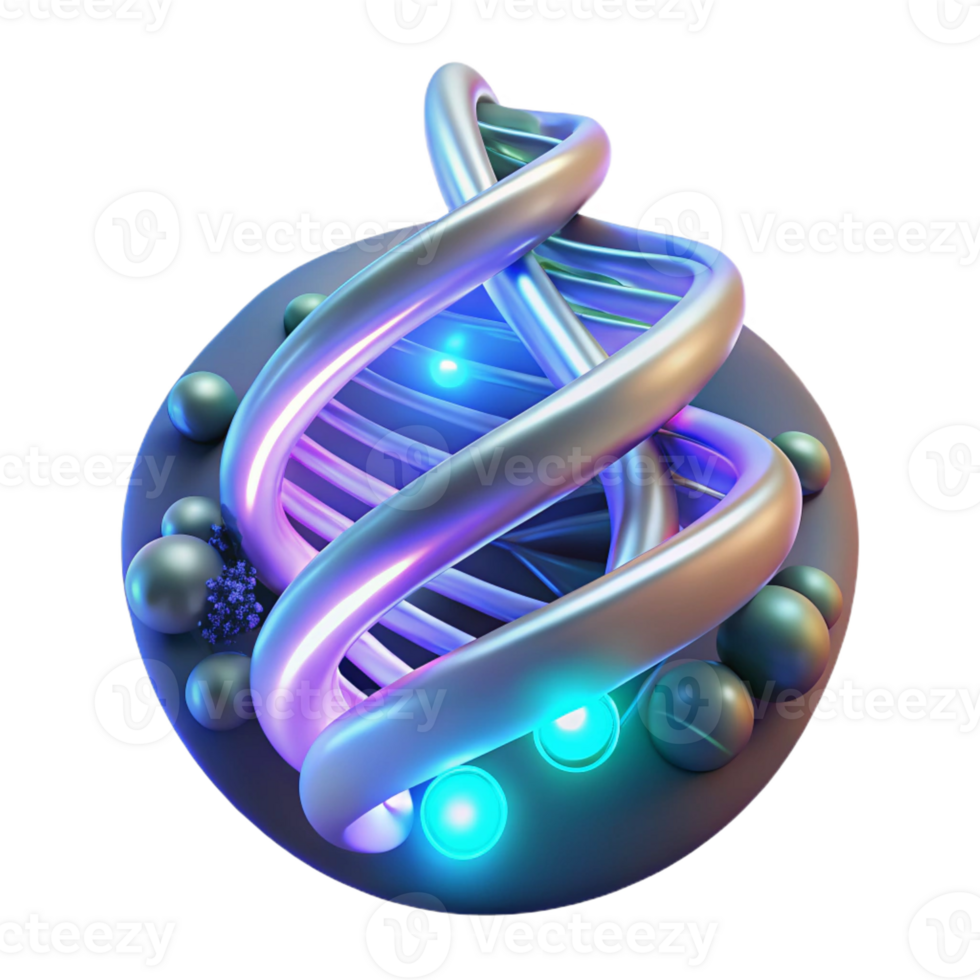 wonderful modern A DNA strand spiraling through a digital landscape, glowing with bioluminescent light, illuminated by soft neon light, abstract style detailed png