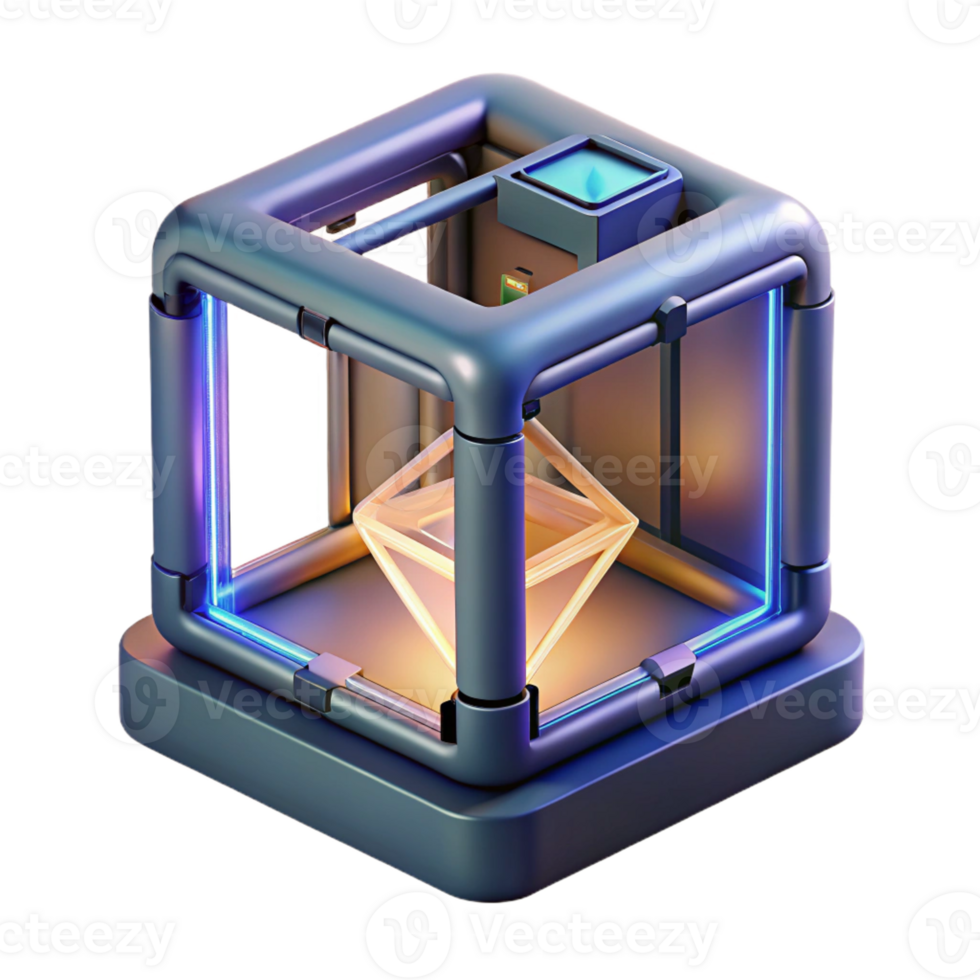 dramatic vintage A 3D printer creating a complex, geometric object, illuminated by laser light, industrial design style high quality png