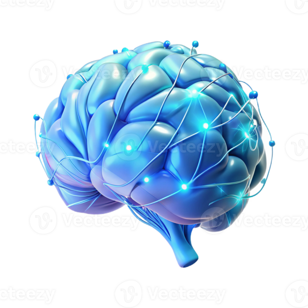 vibrant artistic A holographic projection of a human brain, neural pathways firing in a complex dance of light, illuminated by cool blue light, scientific style authentic png