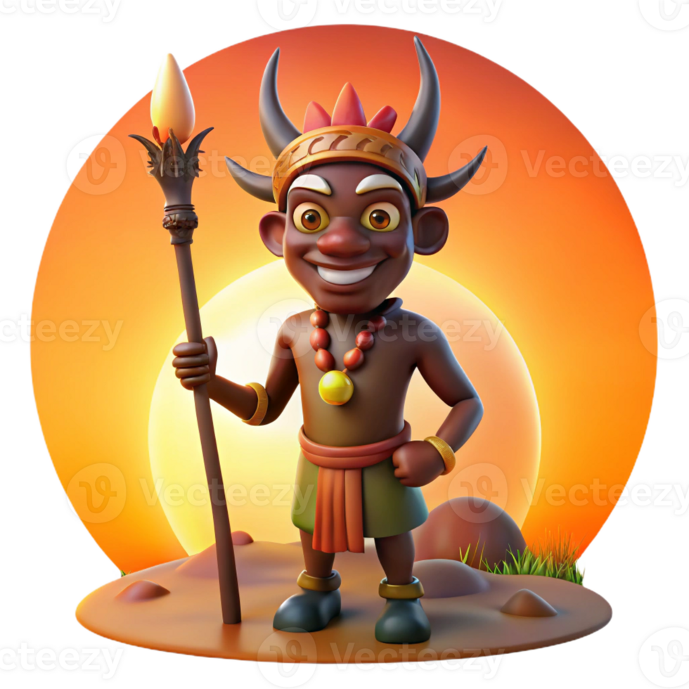impressive artistic A cunning Yoruba trickster god Eshu, with a long pipe and a mischievous grin, standing at a crossroads bathed in the warm glow of sunset, African tribal art style 4K png