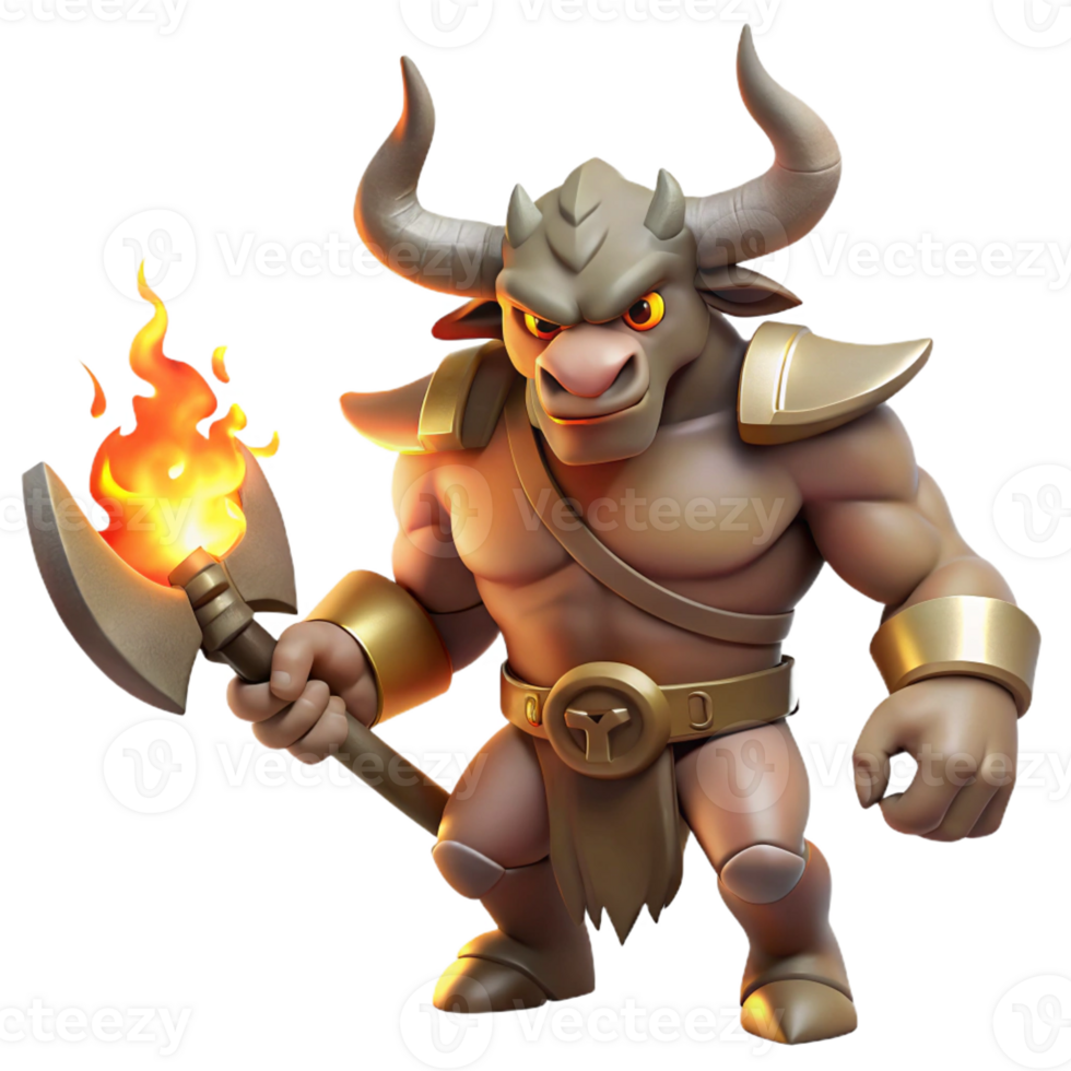 wonderful abstract A fearsome minotaur with the head of a bull and the body of a man, wielding a giant axe, illuminated by the flickering light of torches in a dark labyrinth high quality png