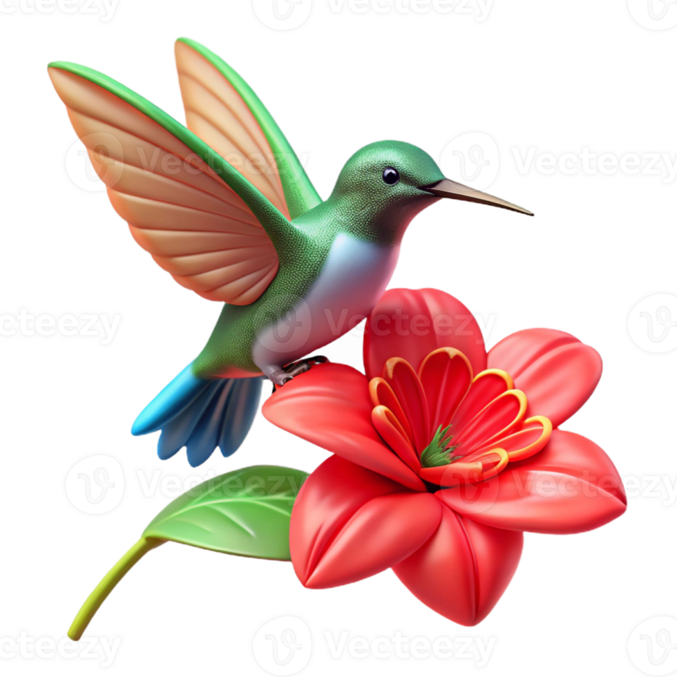 vibrant vintage A tiny hummingbird hovering near a vibrant red flower, capturing the intricate details of both, in a botanical illustration style high resolution png