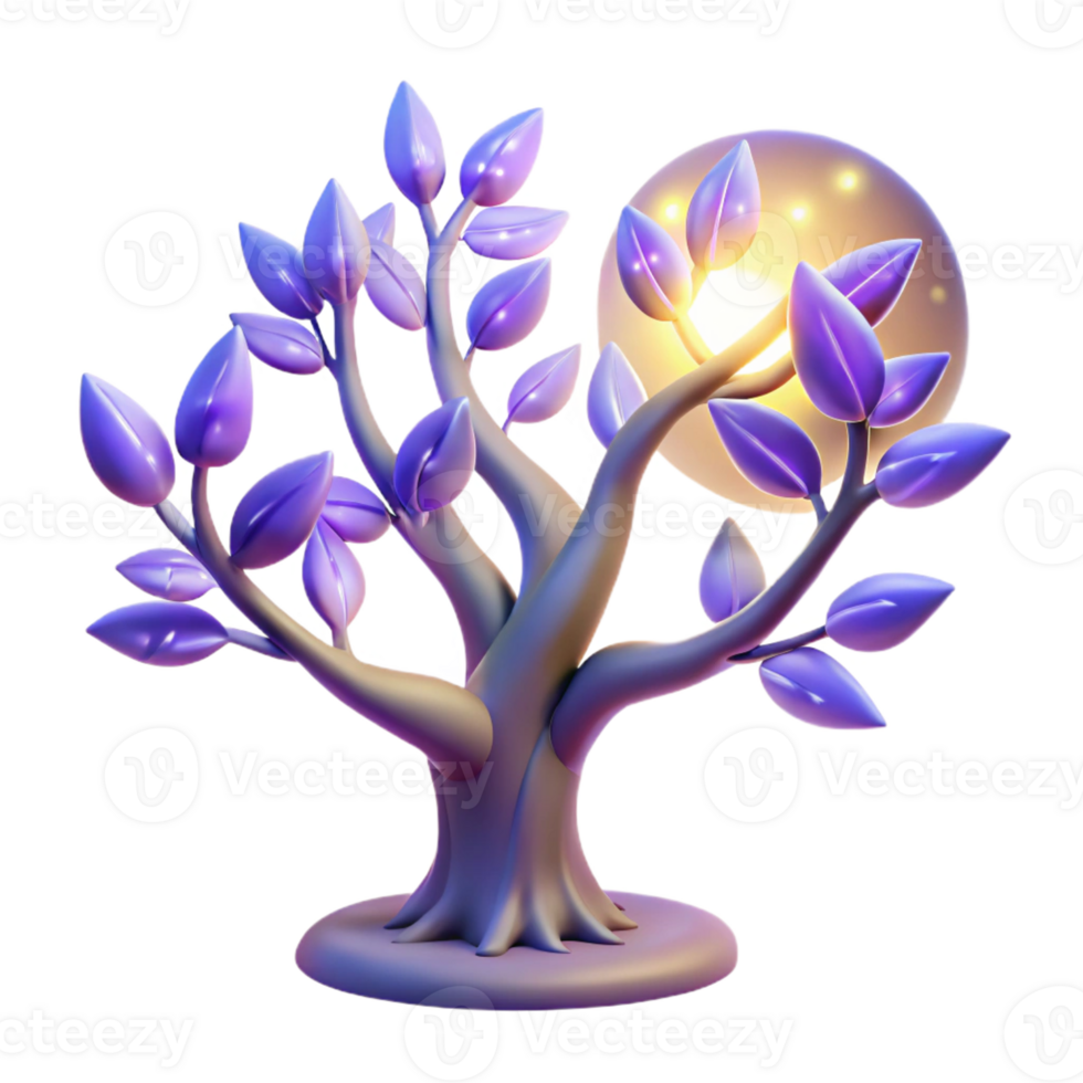 elegant rustic A mystical tree of life with glowing leaves and branches that reach towards the heavens, illuminated by the soft light of the moon high quality png