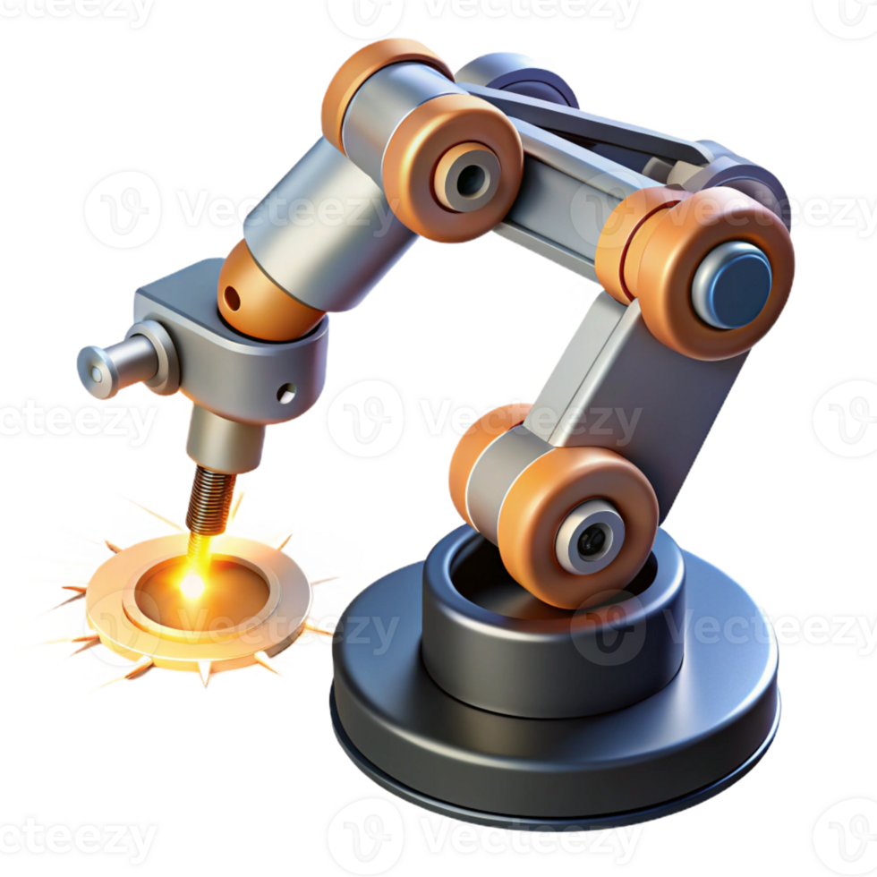 vibrant creative A robotic arm assembling a miniature drone, sparks flying from its welding tool, illuminated by warm workshop light, realistic style authentic png