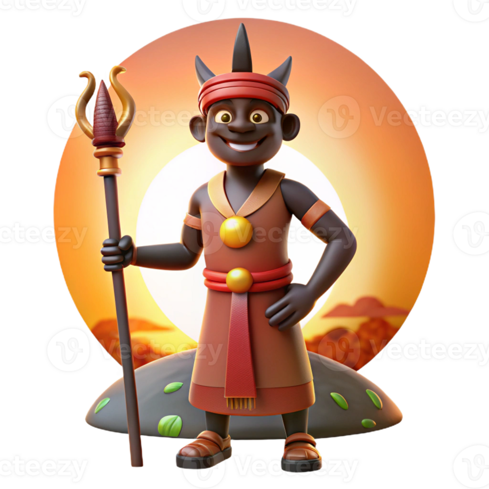 wonderful classic A cunning Yoruba trickster god Eshu, with a long pipe and a mischievous grin, standing at a crossroads bathed in the warm glow of sunset, African tribal art style 4K png