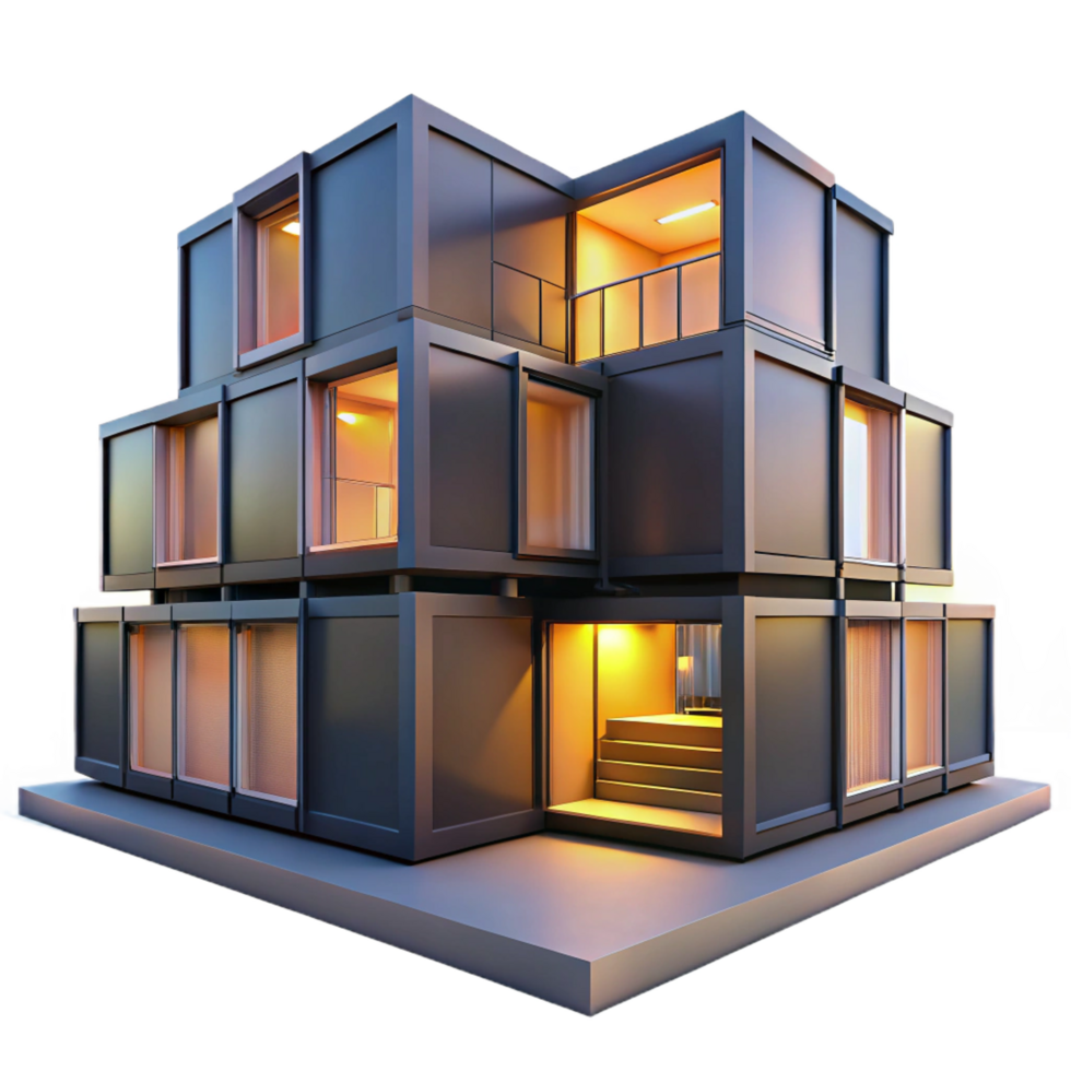 vibrant traditional Prefabricated modular housing units stacked in a unique configuration, urban setting, sunset lighting, modern style exclusive png